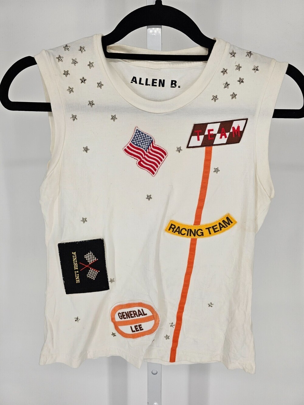 Vintage Y2K Allen B Womens Sz S Tank Top White w/ Racing Patch Theme - Picture 1 of 4